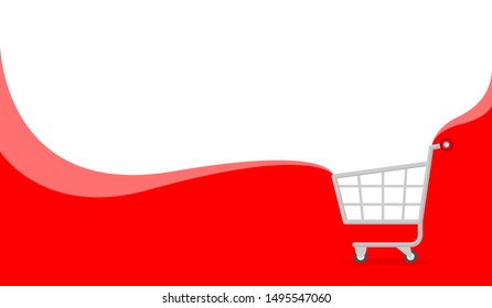 banner red and white copy space for shopping online, icon cart on banner template ad, basket purchase in online shop background, trolley cart symbol for banner e-commerce, cart simple flat advertising