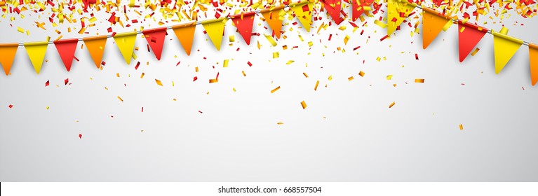 Banner with red and yellow flags and paper confetti. Vector celebration  illustration.