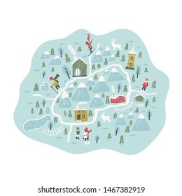 banner reduced winter map area on light background, go skiing, snowboarding on hill or go on excursion look nature, resting and warming places