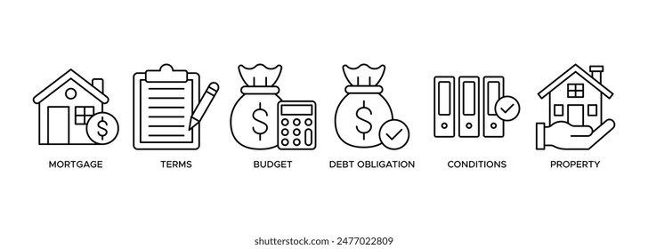 Banner Refinance icon web for financial and home loan, mortgage, better term, debt obligation, property, lower interest and cash out.
