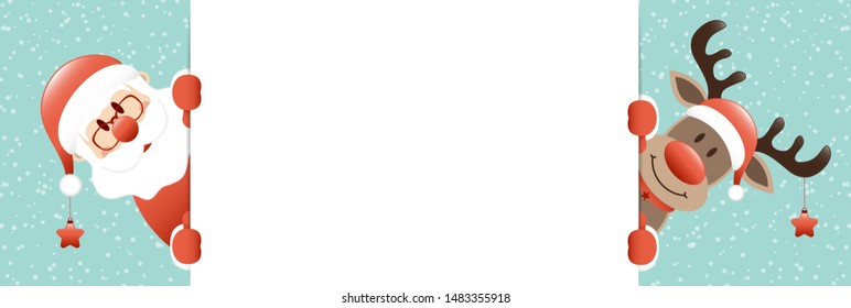Banner Reindeer And Santa With Stars Looking Outside Snow Turquoise