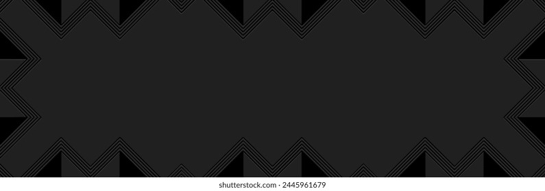 Banner. Relief geometric 3D pattern on a black background. Ornamental cover design, space for text and advertising. Ethnicity of the East, Asia, India, Mexico, Aztec, Peru. Boho style and handmade.
