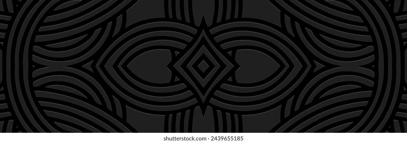 Banner. Relief geometric abstract 3D pattern on a black background, art deco. Tribal ornamental linear cover design in the ethnic traditions of the East, Asia, India, Mexico, Aztec, Peru.