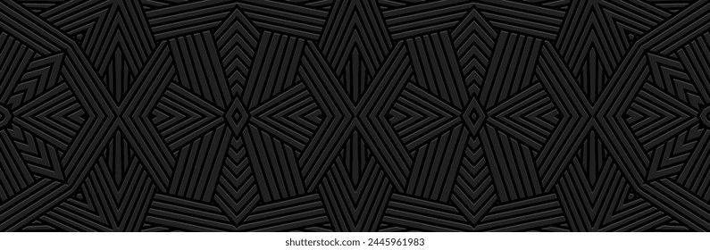 Banner. Relief geometric abstract 3D pattern on a black background made of lines. Ornamental cover design, art deco style. Ethnicity of the East, Asia, India, Mexico, Aztec, Peru.