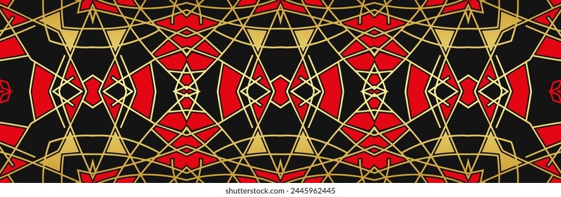 Anuncio. Relieve geométrico abstracto 3D patrón en un fondo negro hecho de líneas de oro y Formas. Diseño de portada ornamental, estilo art deco. Etnia de Oriente, Asia, India, México, Azteca, Perú. 