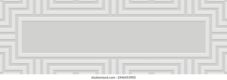 Banner. Relief geometric classic 3D pattern on a white background, space for text. Ornamental cover design, Greek meander style. Ethnic motifs of the East, Asia, India, Mexico, Aztec, Peru.