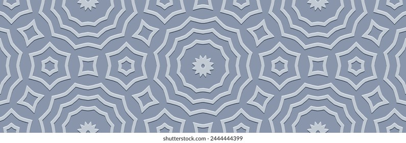 Anuncio. Relieve geométrico elegante patrón 3D sobre un fondo azul. Diseño de cubierta ornamental tribal minimalista. Etnia de Oriente, Asia, India, México, Azteca, Perú. Estilo boho y hecho a mano.