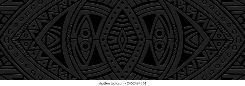 Banner. Relief geometric old abstract 3D pattern on a black background. Ornamental ethnic cover design, handmade. Creative boho motifs of the East, Asia, India, Mexico, Aztec, Peru.
