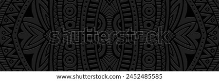 Banner. Relief geometric old original 3D pattern on a black background. Ornamental ethnic cover design, handmade. Creative boho motifs of the East, Asia, India, Mexico, Aztec, Peru.
