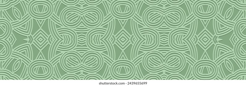 Banner. Relief geometric stylish 3D pattern on a green pastel background, art deco. Tribal ornamental linear cover design in the ethnic traditions of the East, Asia, India, Mexico, Aztec, Peru.
