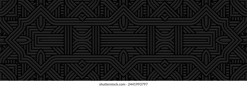 Banner. Relief geometric stylish 3D pattern, ornamental figures with lines on a black background. Tribal cover design in the ethnic traditions of the East, Asia, India, Mexico, Aztec.