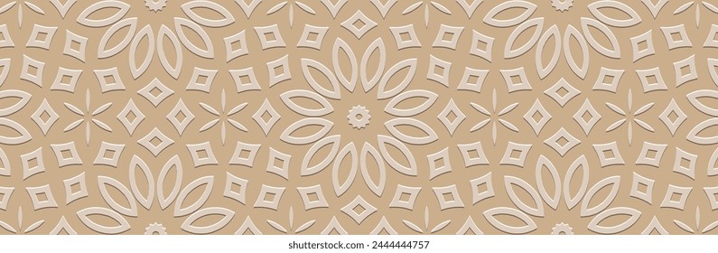 Banner. Relief geometric stylish 3D pattern on a light background. Tribal minimalist ornamental cover design. Ethnicity of the East, Asia, India, Mexico, Aztec, Peru. Boho style and handmade.