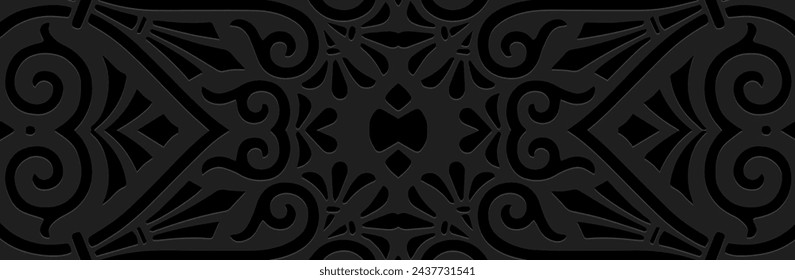 Banner. Relief geometric vintage 3D pattern on a black background. Tribal ornamental linear cover design in the ethnic traditions of the East, Asia, India, Mexico, Aztec, Peru.