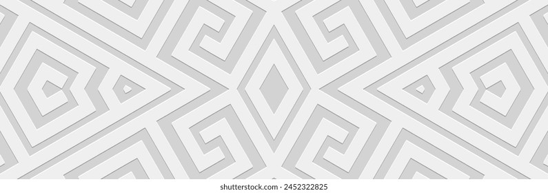 Banner. Relief geometric vintage 3D pattern on a white background. Ornamental ethnic cover design, Greek meander style. Boho motifs of the East, Asia, India, Mexico, Aztec, Peru.