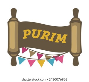 Banner of religious Judaism holiday in form of scroll, Megillat Esther book. Isolated megillah with inscription and festive flags. Purim celebration, jewish religion event. Vector in flat style