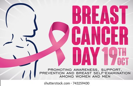 Banner with reminder date and pink ribbon over male silhouette reminding you realize the auto-examination in men too and celebrate Breast Cancer Day in October 19.