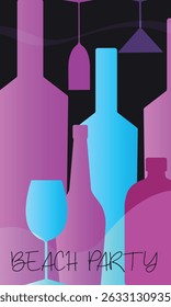 Banner for restaurant, bar, beach party, vector illustration of alcohol bottle, glasses. Red wine, merlot, cognac, whiskey, drink party, booze