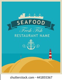 banner for a restaurant or seafood store with a ship and an anchor on a background seascape with lighthouse
