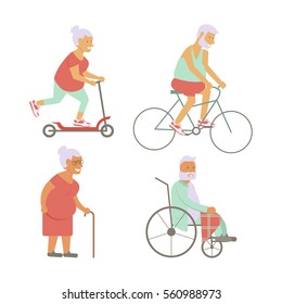 Banner of Retired elderly senior age couple in flat character design. Grandpa and grandma on bicycles. Grandparents with walking stick and wheelchair  isolated. Vector illustration eps10.