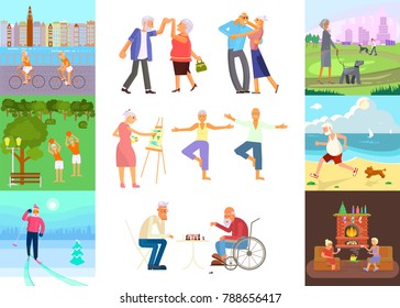 Banner of Retired elderly senior age couple in flat character design. Grandpa and grandma walking in the park. Grandparents with walking stick and wheelchair  outdoor isolated. Vector eps 10