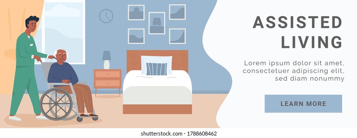 Banner For Retirement Home. Assisted Living At Nursing Home. A Male Nurse With Elderly Black Man In Wheelchair. African American, Asian Disabled Man At Her Bedroom. Social Worker. Vector Illustration.