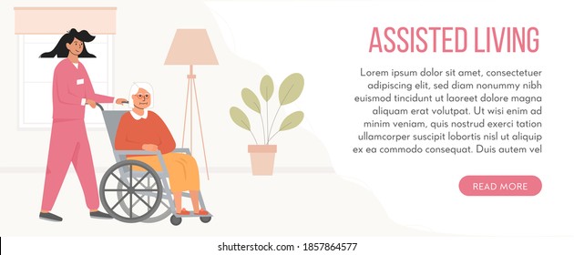Banner For Retirement Home. Concept Of Assisted Living. Residential Care Facility At Nursing Home. A Nurse With Elderly Woman In Wheelchair. Social Worker, Volunteer And Patient. Vector Illustration. 