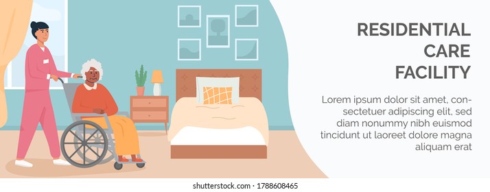 Banner for retirement home. Residential care facility at nursing home. A nurse with elderly black woman in wheelchair. African american disabled lady at her bedroom. Social worker with patient. Vector