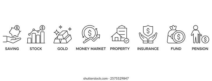 Banner retirement planning icon illustration. Retirement Plan Growth Concept with icons saving, stock, gold, money market, property, insurance, fund and pension