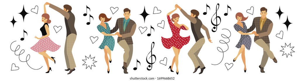 banner with retro dancers in the style of the 50s. young men and women in cartoon style. four pairs isolated on a white background. stock vector illustration. EPS 10.