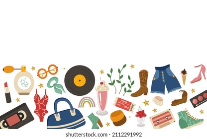 Banner with retro elements of the 60s and 70s. Cocktail, shorts, sneakers, ticket, record, rainbow, shoes, perfume, neckerchief, bracelets, gold stars, cassettes. Vector vintage poster illustration.