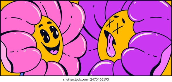 Banner with retro groovy characters flowers. The concept of toxicity.