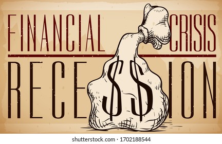 Banner in retro style with money bag with dollar symbols like letter "S" over decreasing statistics graph announcing the financial crisis and economic recession.