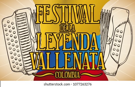 Banner in retro style with a traditional tree-line button accordion in hand drawn style, waving Colombian flag and golden sign to celebrate Vallenato Legend Festival (written in Spanish).