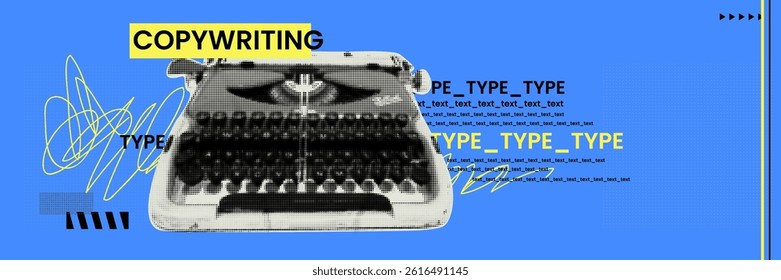 Banner with retro typewriter. A concept on the theme of copywriting. Punk Poster for a journalist in collage and halftone style. 