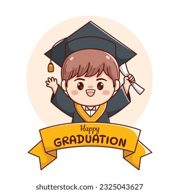 Banner or ribbon happy graduation boy with cap and gown cute kawaii chibi cartoon