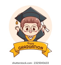 Banner or ribbon happy graduation boy wearing glasses with cap and gown cute kawaii chibi cartoon