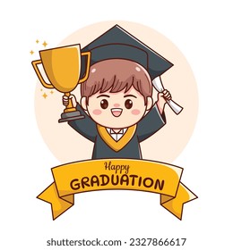 Banner or ribbon happy graduation boy holding trophy and paper cute kawaii chibi cartoon