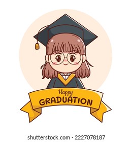 Banner or ribbon happy graduation girl with cap, gown and glasses cute kawaii chibi cartoon