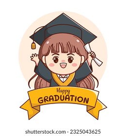 Banner or ribbon happy graduation  girl with cap and gown cute kawaii chibi cartoon