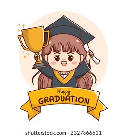 Banner or ribbon happy graduation girl with holding trophy and paper cute kawaii chibi cartoon