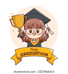 Banner or ribbon happy graduation girl with holding trophy and paper cute kawaii chibi cartoon