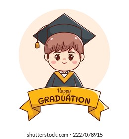 Banner or ribbon happy graduation handsome boy with cap and gown cute kawaii chibi cartoon