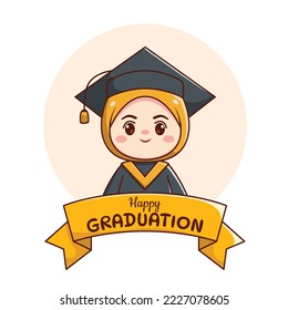 Banner or ribbon happy graduation muslim hijab girl with cap and gown cute kawaii chibi cartoon