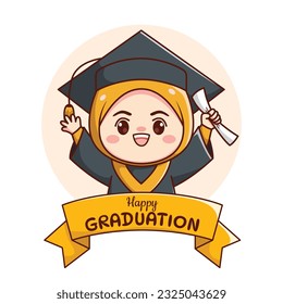 Banner or ribbon happy graduation muslim hijab girl with cap and gown cute kawaii chibi cartoon