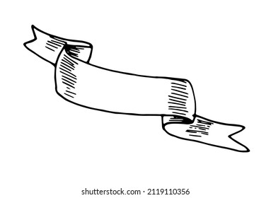 Banner-Bandsymbol. Einzelnes Banner-Element aus Vintage-Band mit diagonal gekrümmten und dreieckigen Enden, weißer Umriss auf Schwarz mit Leerzeichen für Text, Etikettenvorlage, Verpackung
