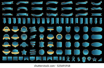 Banner ribbon label blue vector christmas background set with isolated fancy badge vintage sticker and decorative border icon. Festive colorful tag design award of gift illustration collection