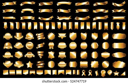 Banner ribbon label gold vector christmas background set with isolated fancy badge vintage sticker and decorative border icon. Festive colorful tag design award of gift illustration collection