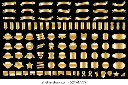 Banner ribbon label gold vector christmas background set with isolated fancy badge vintage sticker and decorative border icon. Festive colorful tag design award of gift illustration collection