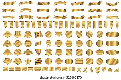 Banner ribbon label gold vector christmas background set with isolated fancy badge vintage sticker and decorative border icon. Festive colorful tag design award of gift illustration collection