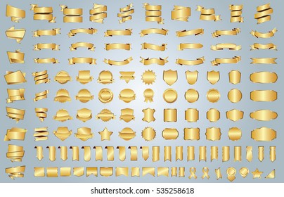 Banner ribbon label gold vector christmas background set with isolated fancy badge vintage sticker and decorative border icon. Festive colorful tag design award of gift illustration collection
